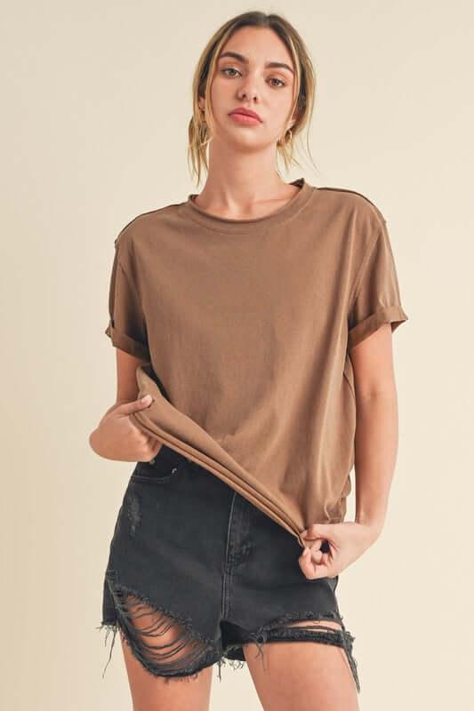 Aemi + Co Exposed Seam Round Neck Short Sleeve T-Shirt - Clothes For Her Online Store