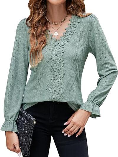 Lace Detail Eyelet V-Neck Flounce Sleeve Blouse - Clothes For Her Online Store