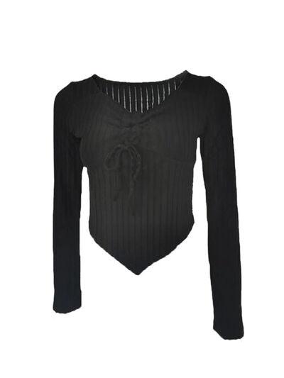 Drawstring Ruched Long Sleeve Ribbed Top - Clothes For Her Online Store