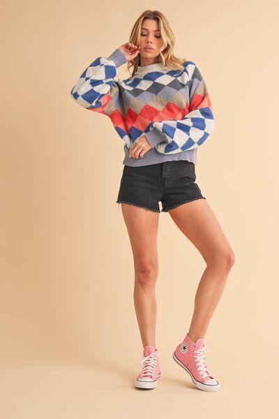Aemi + Co Diamond Mock Neck Raglan Sleeve Sweater - Clothes For Her Online Store