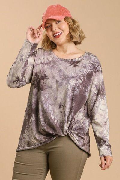 Umgee Full Size Tie Dye Front Gathered Detail Round Neck Long Sleeve T-Shirt Plus Size - Clothes For Her Online Store