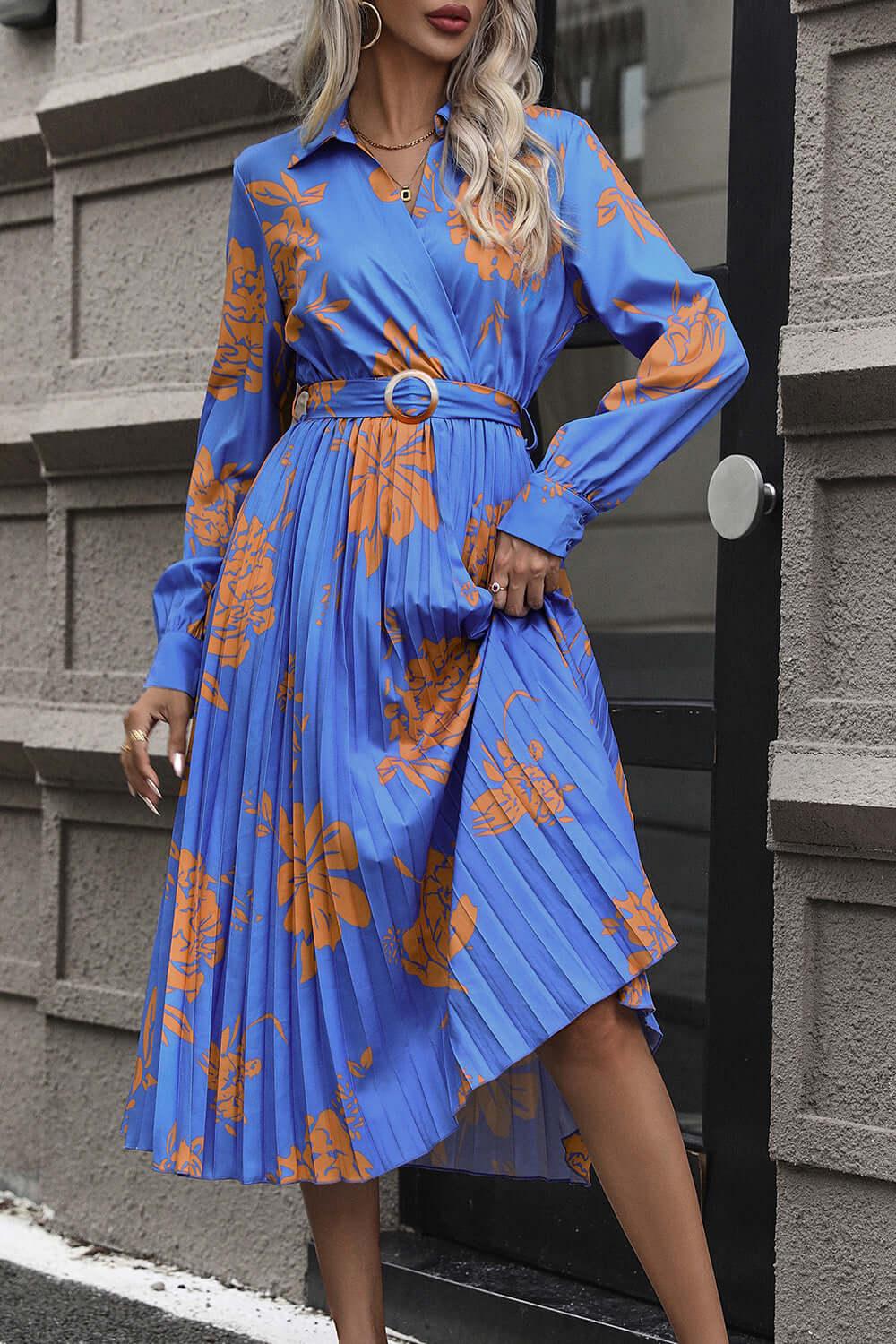 Perfee Floral Pleated Surplice Long Sleeve Midi Dress - Clothes For Her Online Store
