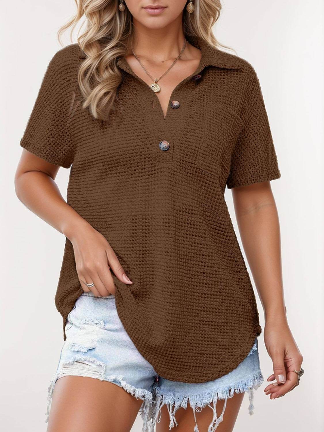 Waffle-Knit Short Sleeve Polo Shirt