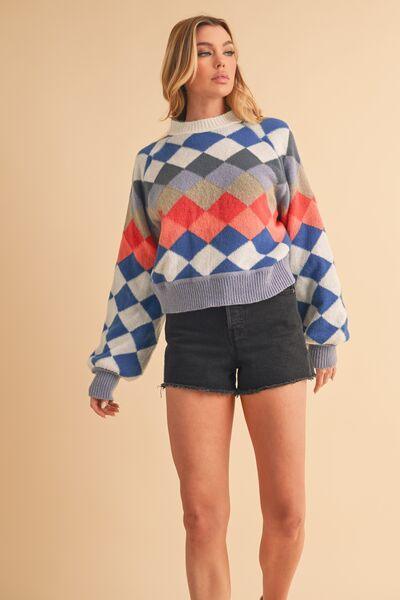 Aemi + Co Diamond Mock Neck Raglan Sleeve Sweater - Clothes For Her Online Store
