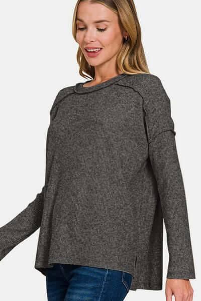 Zenana Full Size Exposed Seam Brushed Round Neck Sweater - Clothes For Her Online Store