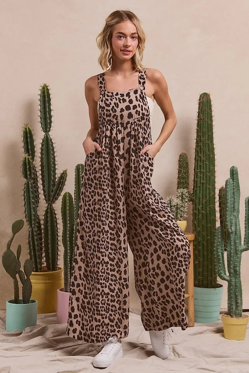 BiBi Leopard Print Wide Leg Overalls - Clothes For Her Online Store