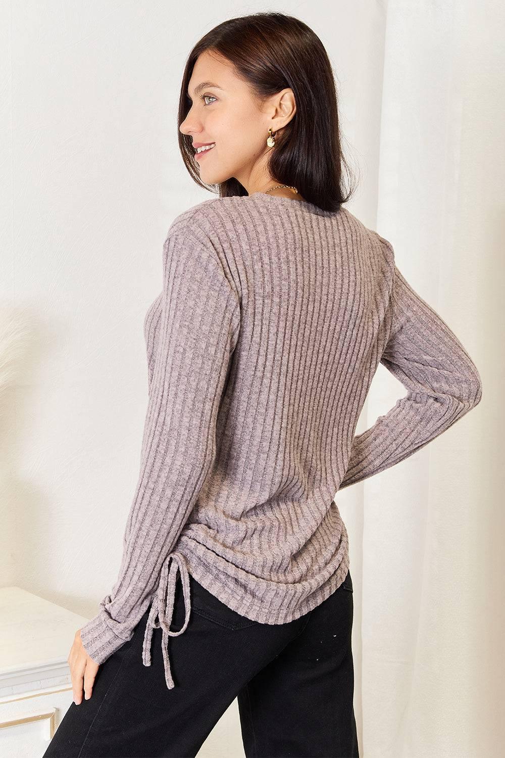 Double Take Drawstring Ribbed Long Sleeve T-Shirt - Clothes For Her Online Store