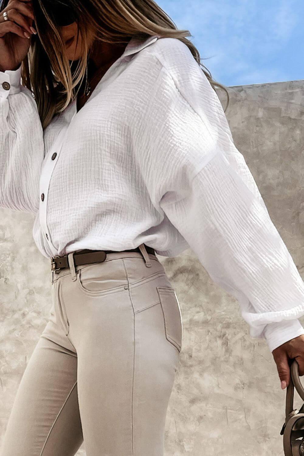 Button Down Collared Neck Long Sleeve Shirt - Clothes For Her Online Store