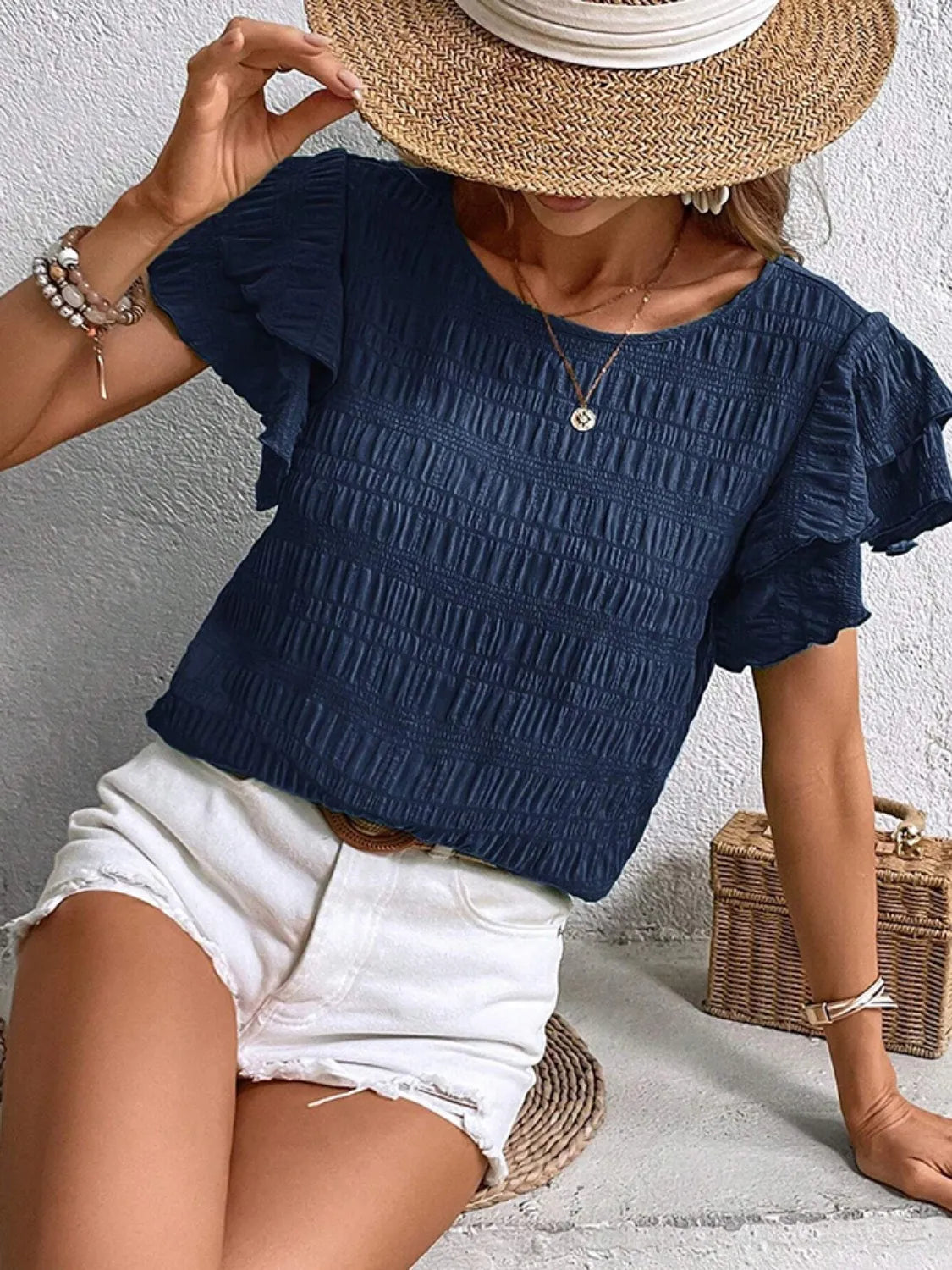Round Neck Ruffled Short Sleeve Top
