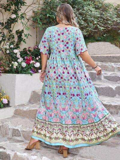 Plus Size Printed Tie Neck Flutter Sleeve Maxi Dress - Clothes For Her Online Store
