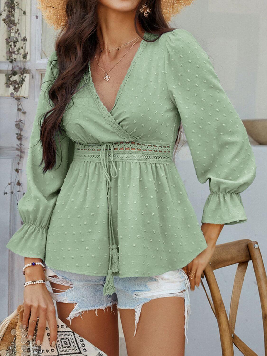 Devine Swiss Dot Lace Detail Surplice Flounce Sleeve Blouse - Clothes For Her Online Store