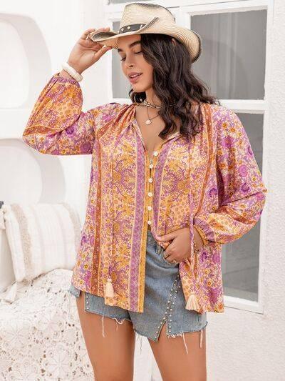 Plus Size Tie Neck Tassel Printed Blouse - Clothes For Her Online Store