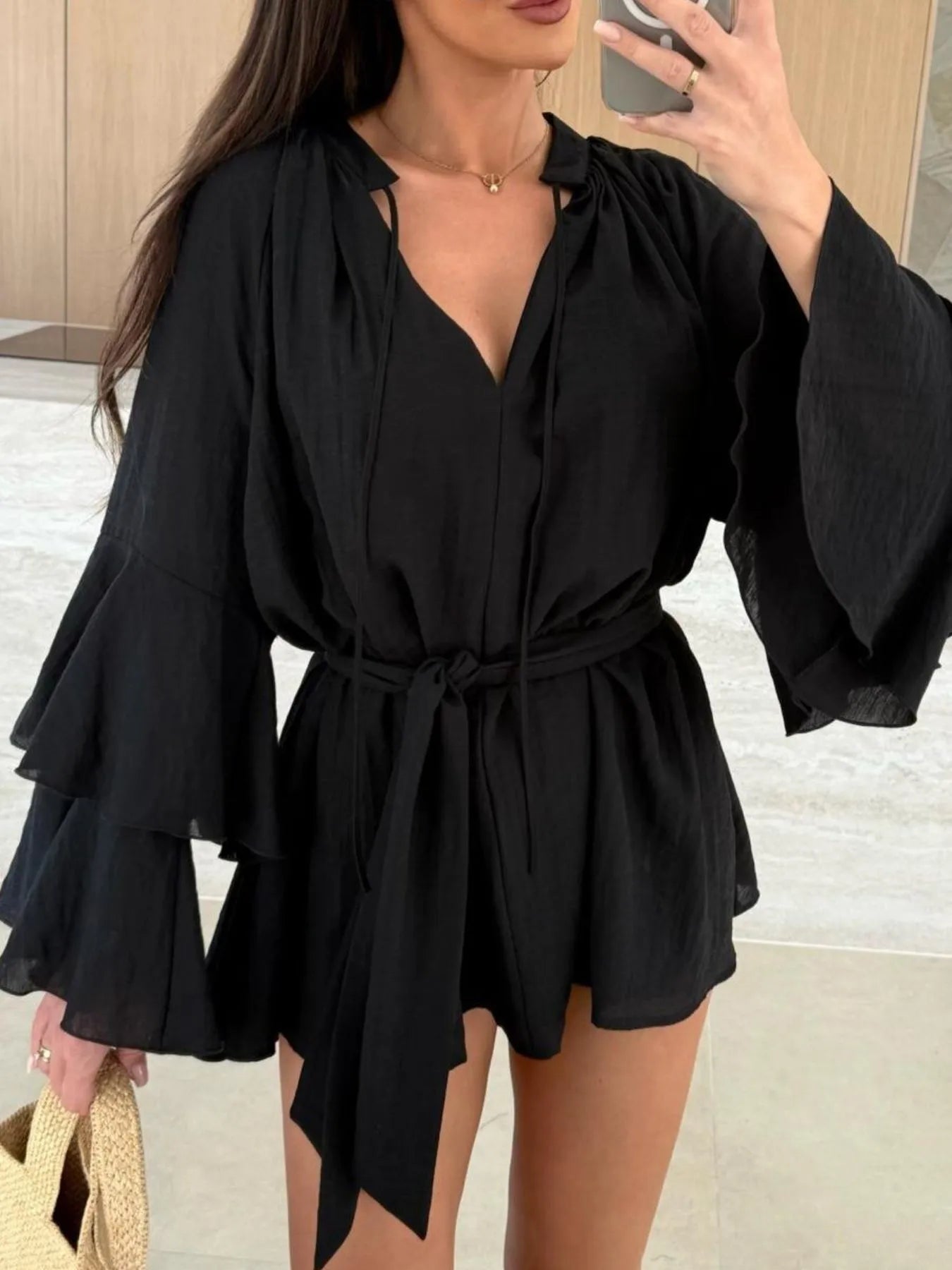Bell Sleeve Tie Waist Mini Shirt Dress