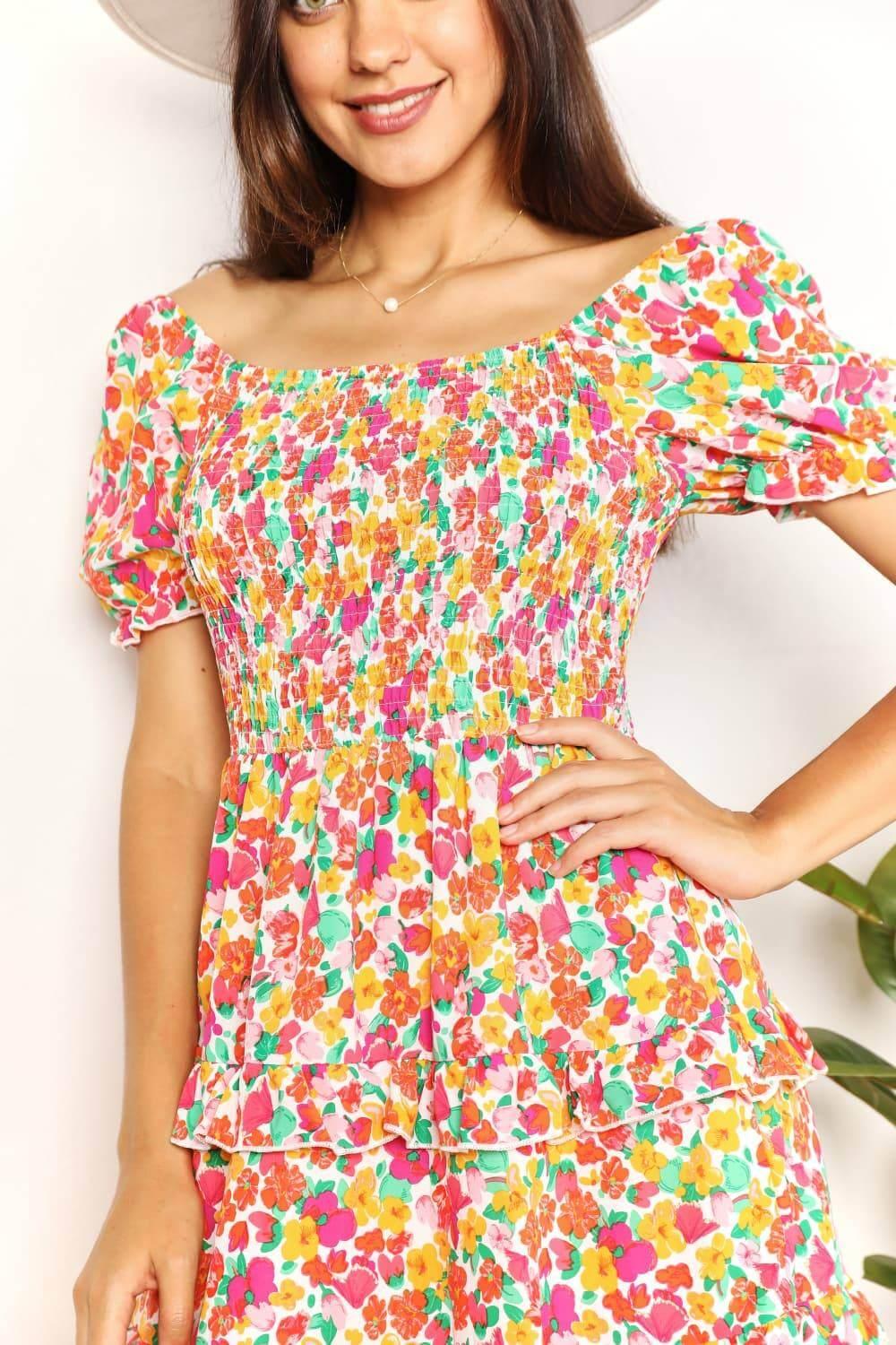Devine Smocked Sweetheart Neck Flounce Sleeve Mini Dress - Clothes For Her Online Store