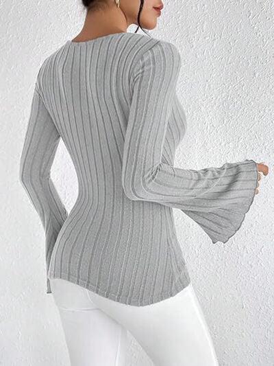 Ribbed Flare Sleeve Top - Clothes For Her Online Store