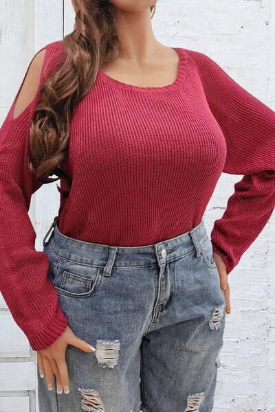 Plus Size Cold Shoulder Round Neck Sweater - Clothes For Her Online Store
