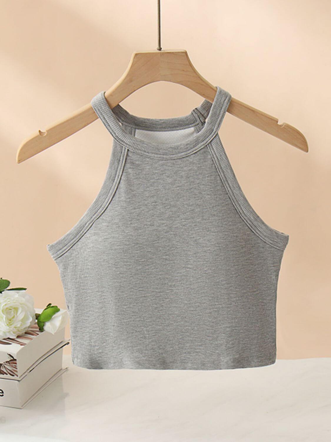 Ribbed Grecian Neck Cropped Tank with Chest Pads - Clothes For Her Online Store