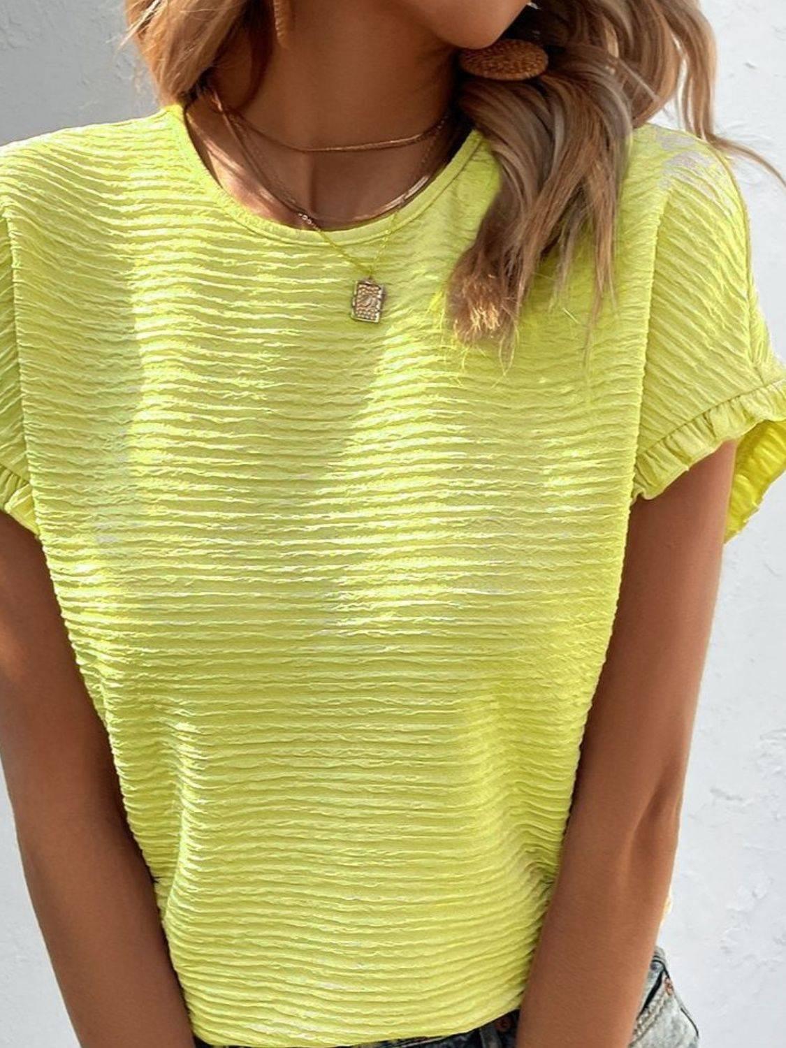 Texture Round Neck Short Sleeve T-Shirt - Clothes For Her Online Store