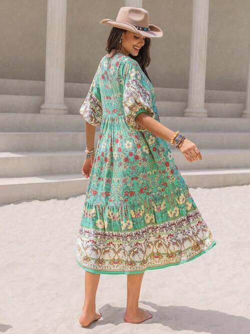 Ruched Printed Puff Sleeve Midi Dress - Clothes For Her Online Store