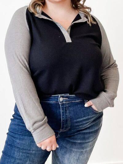 Plus Size Waffle-Knit Half Snap Long Sleeve Shirt - Clothes For Her Online Store