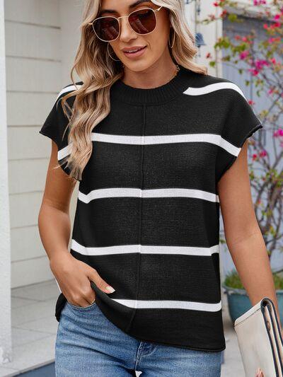 Exposed seam Contrast Striped Round Neck Knit Top - Clothes For Her Online Store