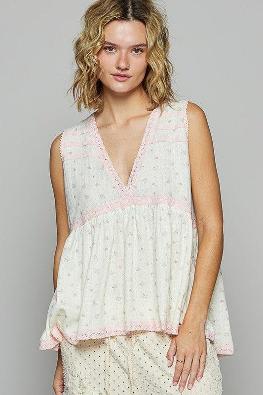 POL Lace Detail Floral V-Neck Sleeveless Top - Clothes For Her Online Store