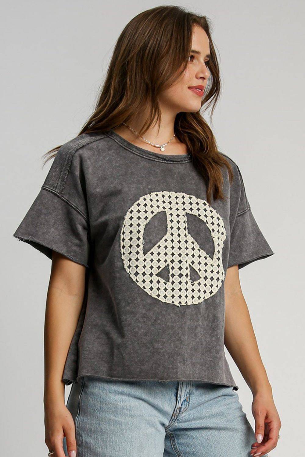 Umgee Full Size Mineral Wash T-Shirt with Lace Applique Plus Size - Clothes For Her Online Store