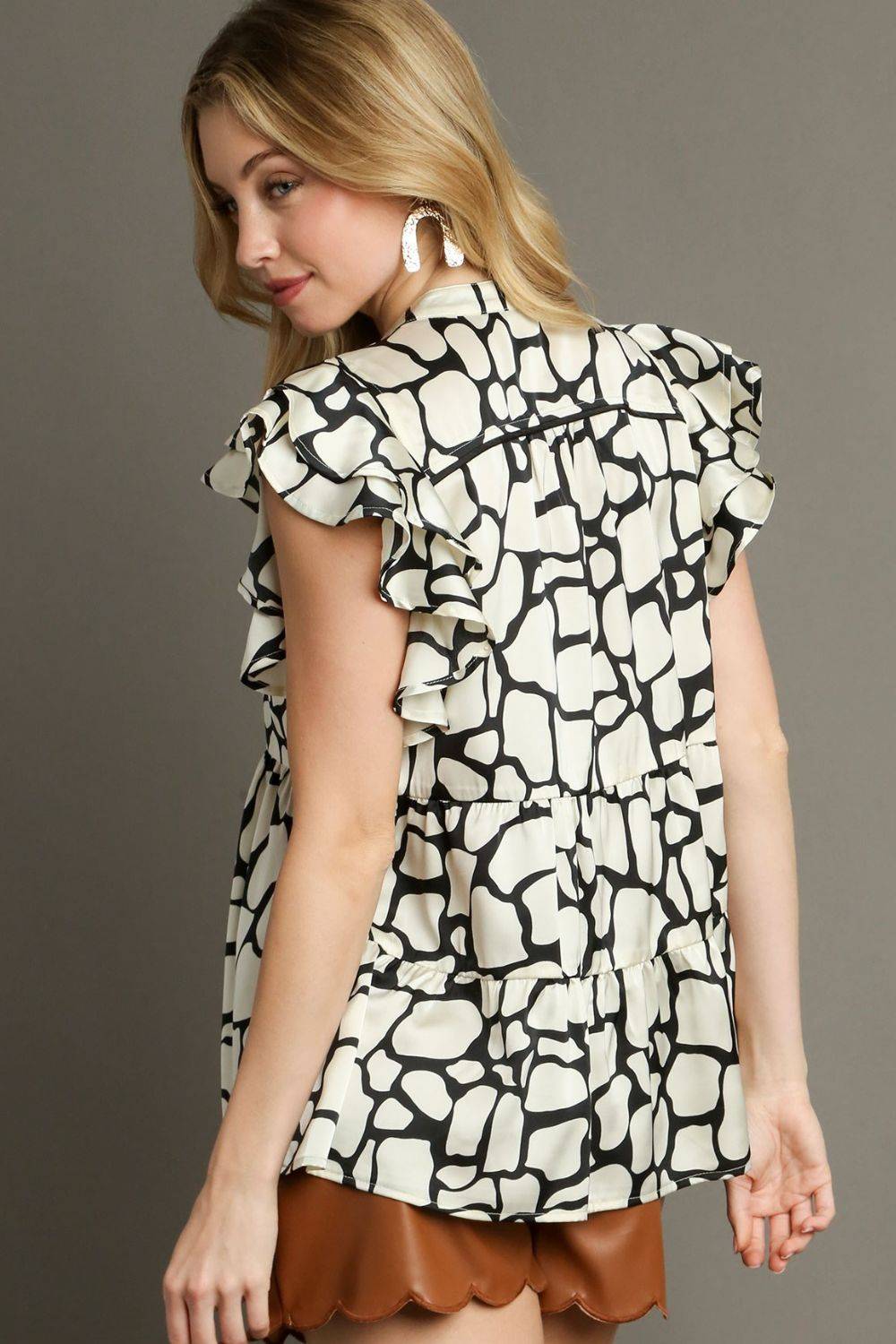 Umgee Full Size Two Tone Animal Print Notched Ruffle Cap Sleeve Blouse Plus Size - Clothes For Her Online Store