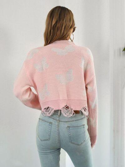 Distressed Butterfly Cropped Sweater - Clothes For Her Online Store