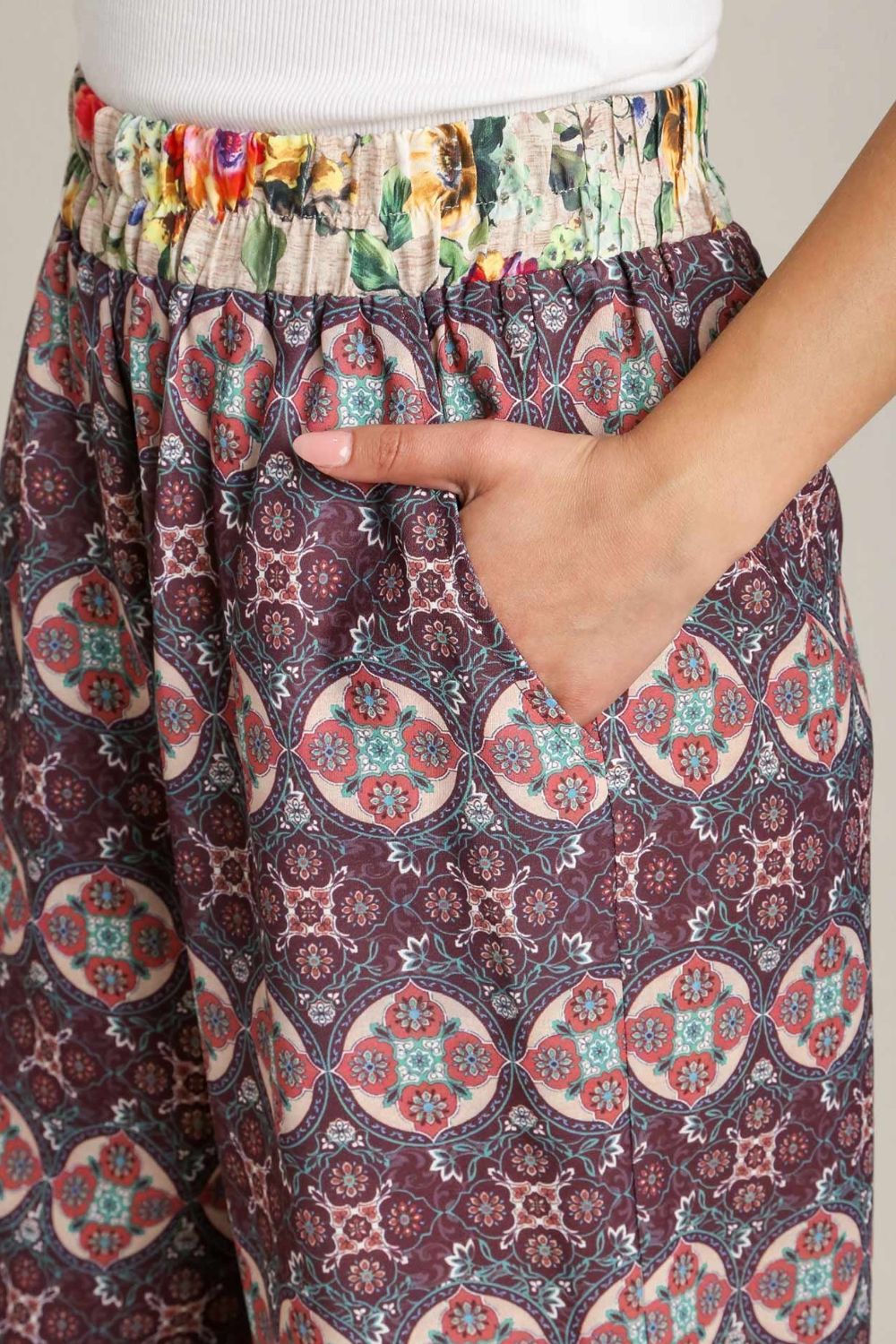 Umgee Full Size Mixed Print Elastic Waistband Pants Plus Size - Clothes For Her Online Store