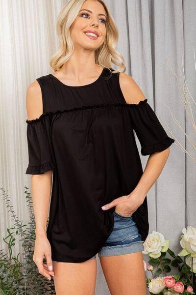 Heimish Full Size Frill Round Neck Cold Shoulder T-Shirt Plus Size - Clothes For Her Online Store
