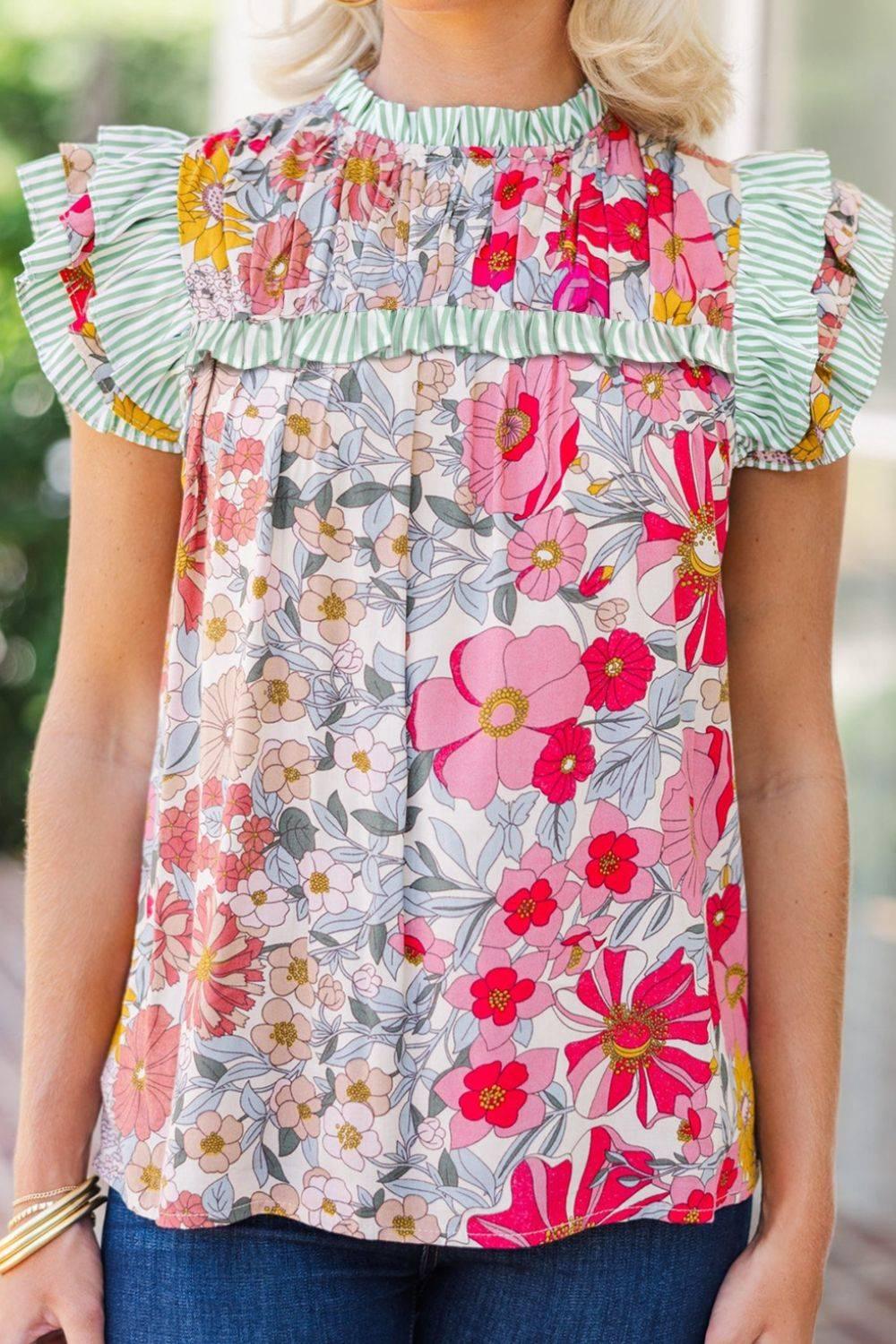 Frill Floral Print Ruffle Cap Sleeve Blouse - Clothes For Her Online Store