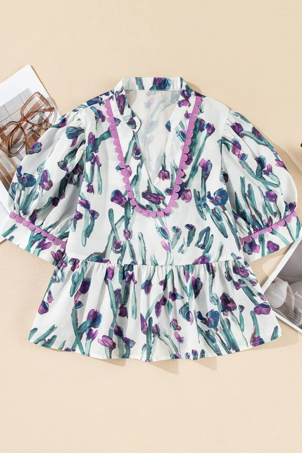 Floral Ricrac Trim Half Sleeve Peplum Top - Clothes For Her Online Store