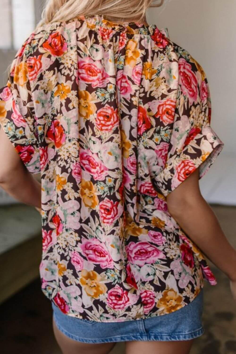 Floral Tie Neck Short Sleeve Blouse - Clothes For Her Online Store