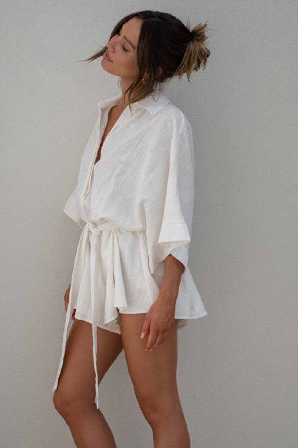 Tied Button Up Collared Neck Romper - Clothes For Her Online Store