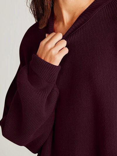 Double Take Side Slit Round Neck Long Sleeve Sweater - Clothes For Her Online Store