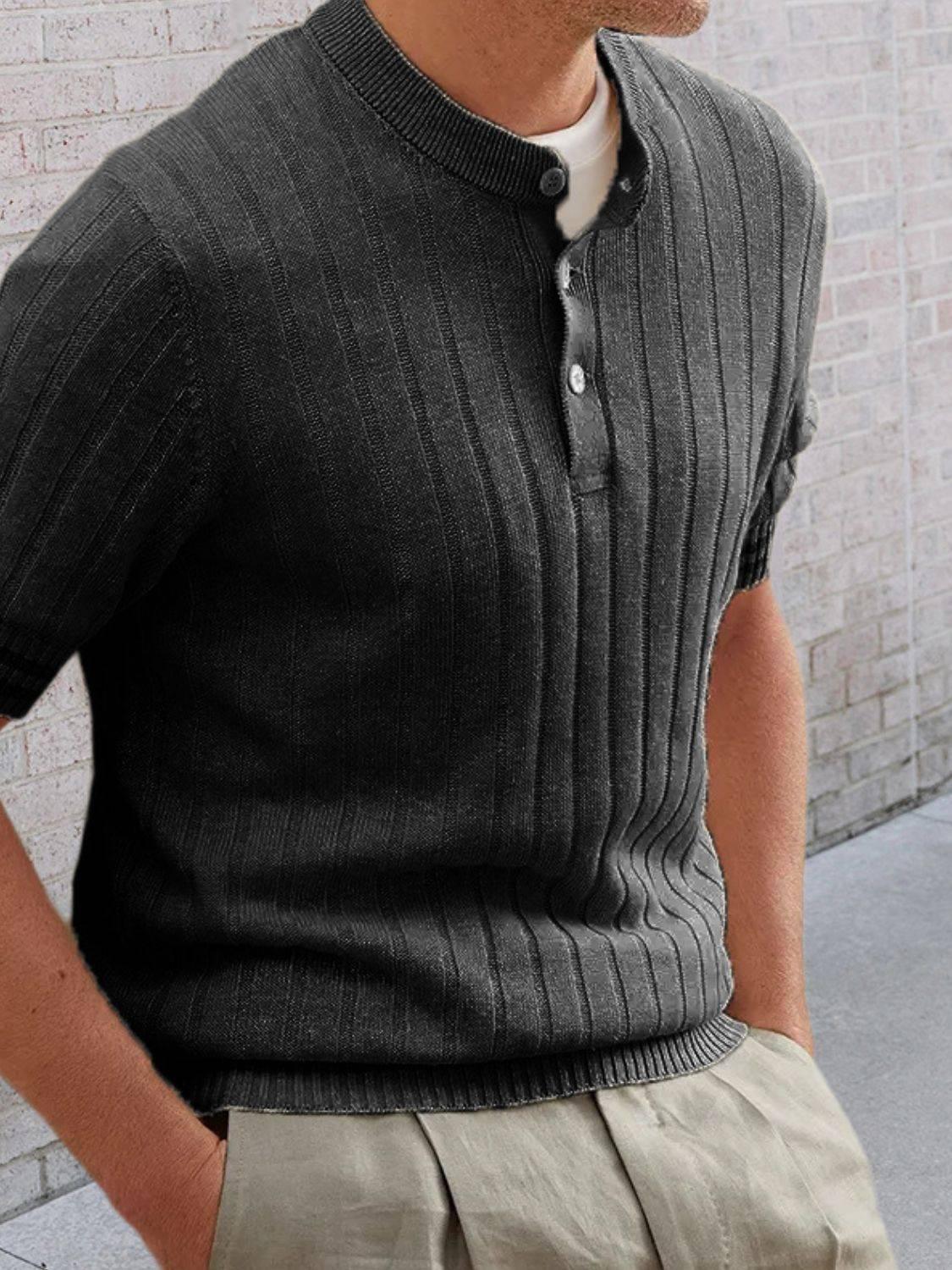 Men's Plus Size Ribbed Quarter Button Round Neck Striped Trim Polo - Clothes For Her Online Store