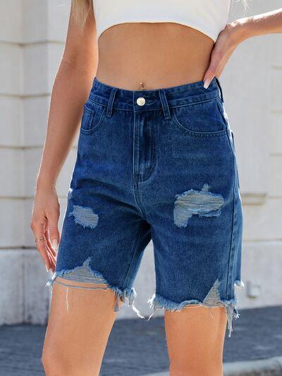 Distressed Raw Hem Denim Shorts - Clothes For Her Online Store