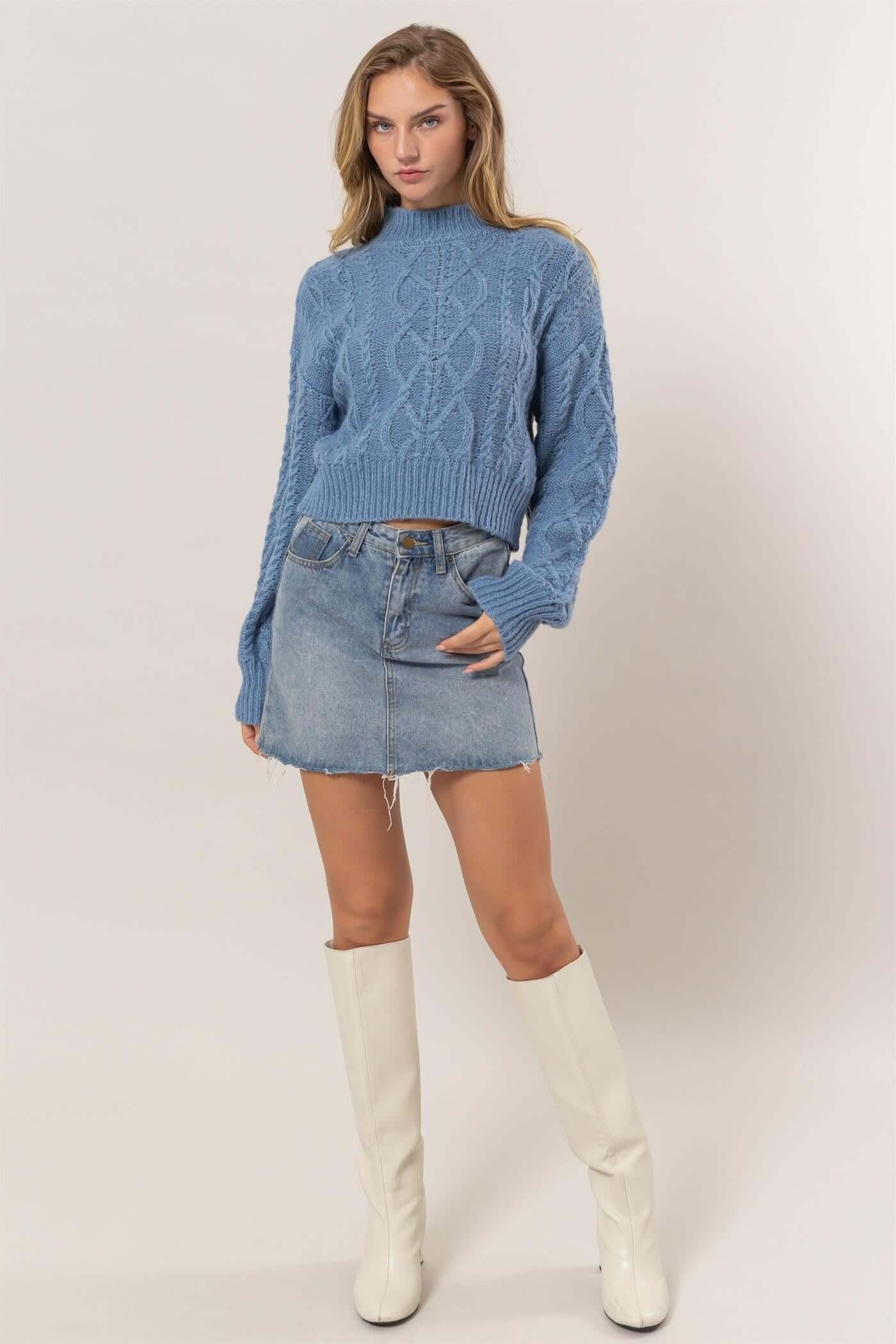 HYFVE Cable-Knit Mock Neck Dropped Shoulder Sweater - Clothes For Her Online Store