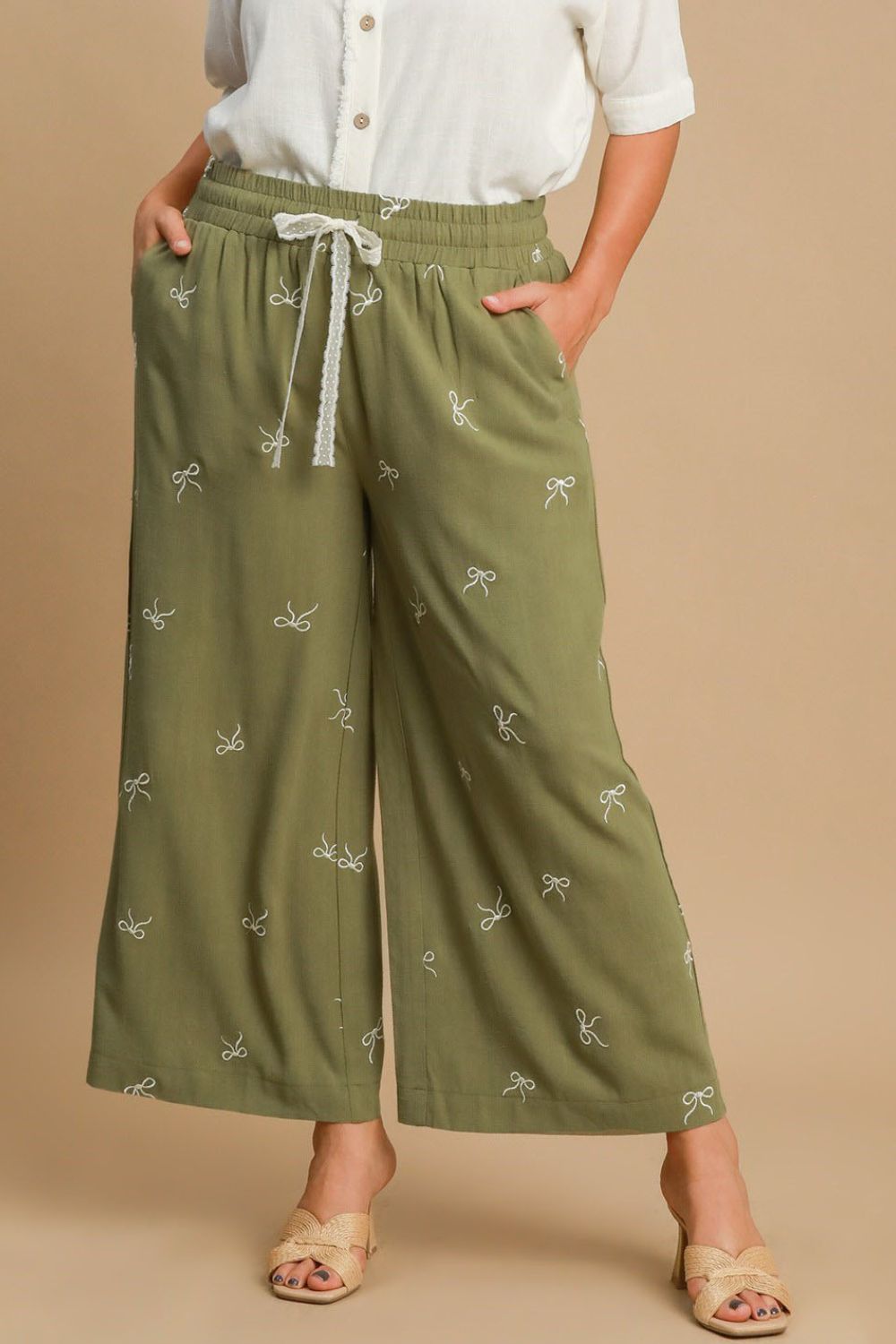 Umgee Full Size Lace Drawstring Embroidered Bow Wide Leg Pants Plus Size - Clothes For Her Online Store