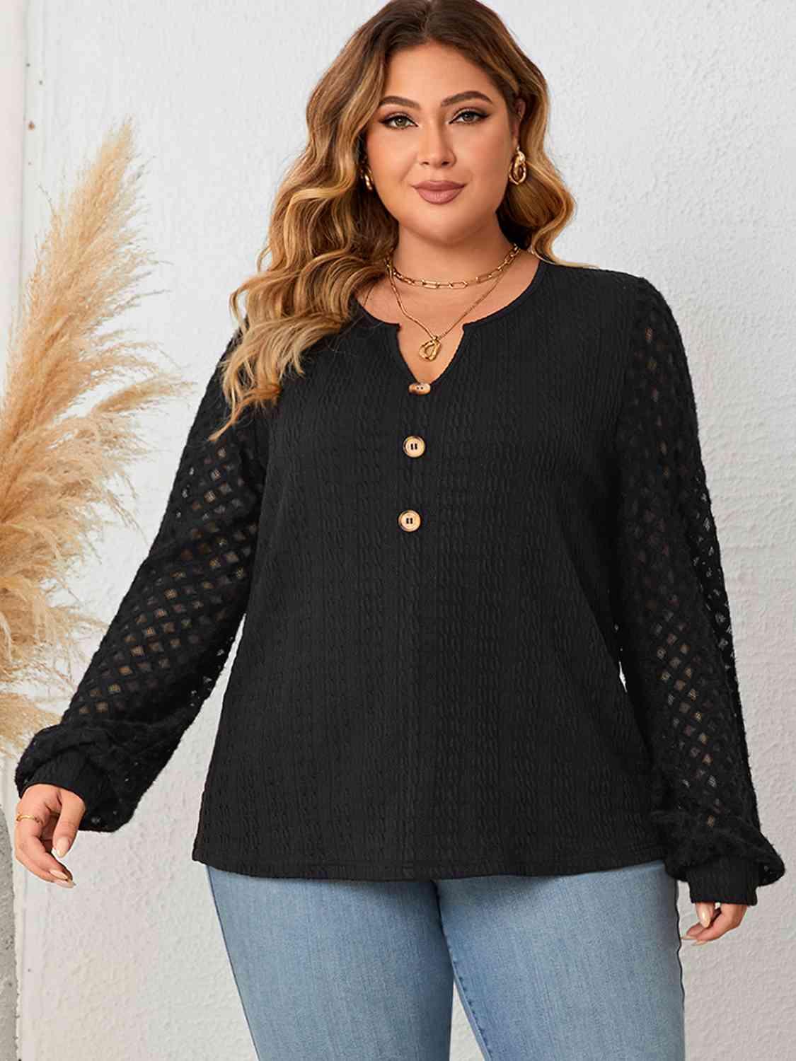 Honey Plus Size Openwork Notched Button Front Blouse - Clothes For Her Online Store