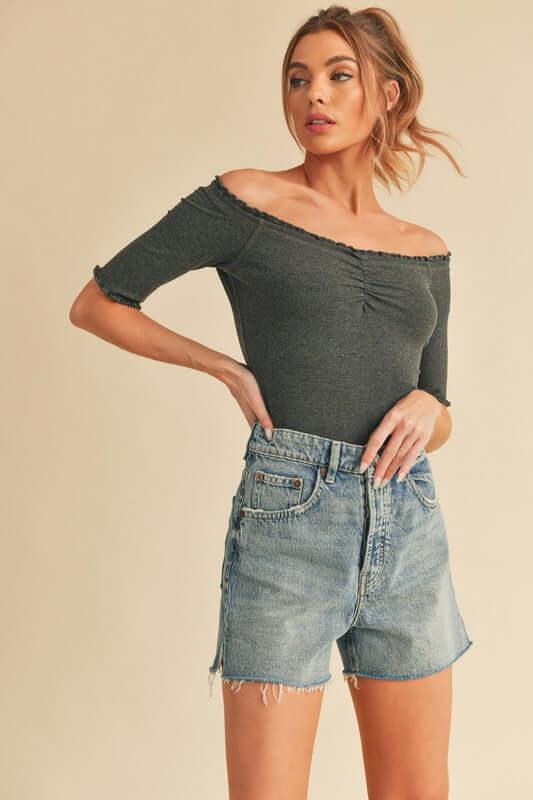 Aemi + Co Ruched Frill Off-Shoulder Half Sleeve Knit Top - Clothes For Her Online Store