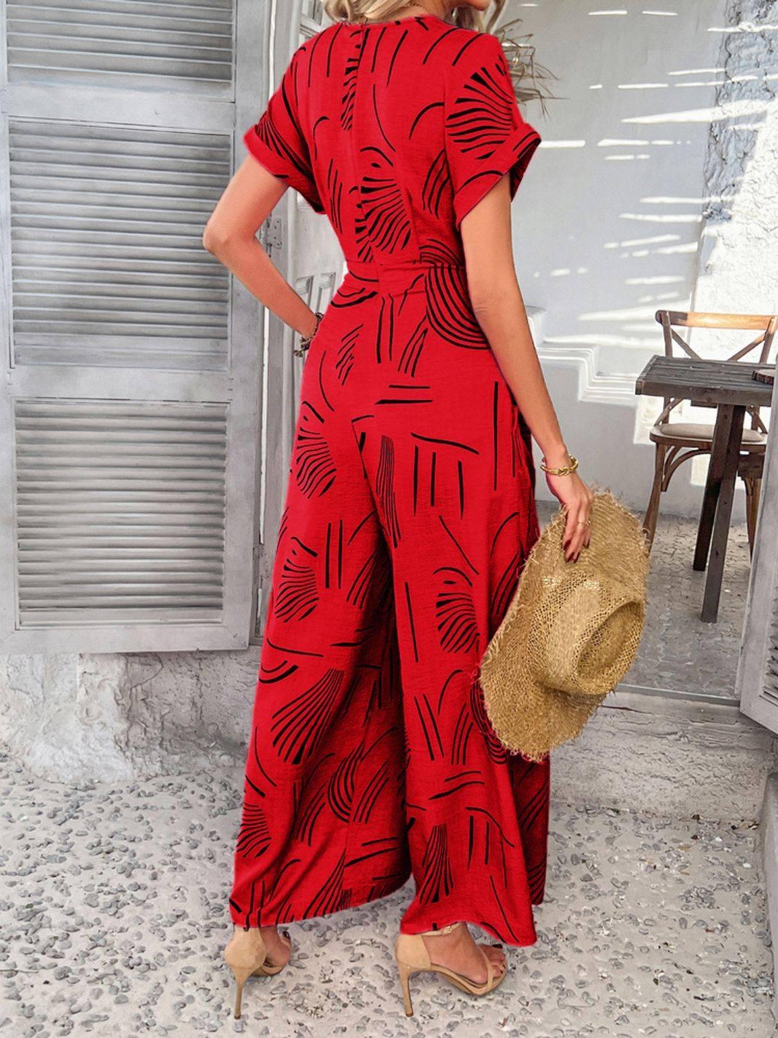 Devine Printed Notched Short Sleeve Wide Leg Jumpsuit - Clothes For Her Online Store