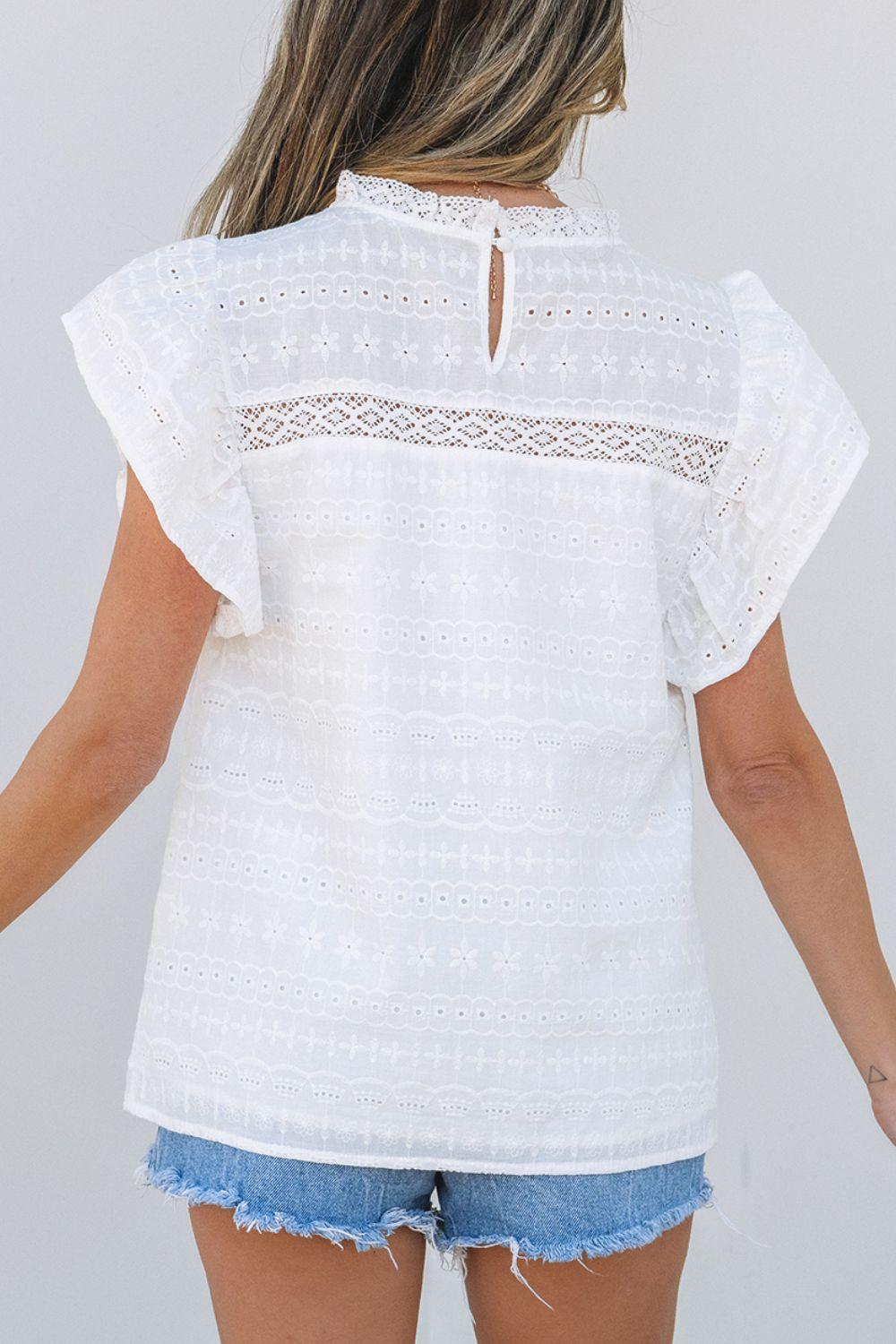 Lace Round Neck Flutter Sleeve Eyelet Blouse - Clothes For Her Online Store