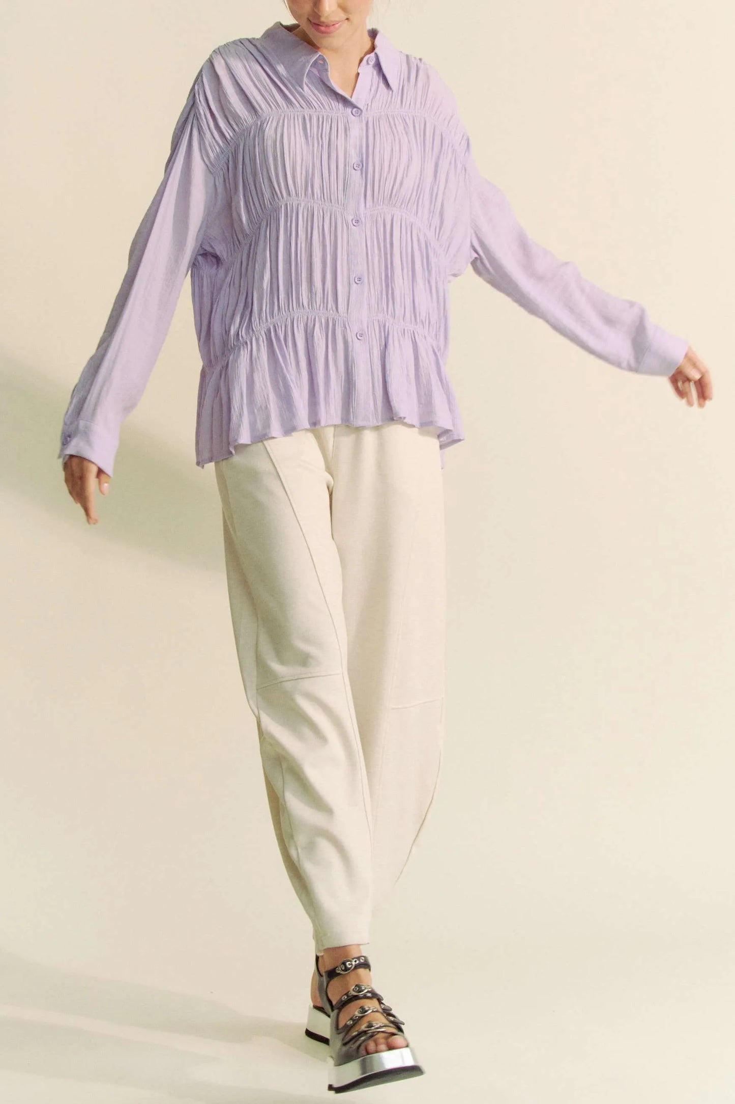 Davi & Dani Ruched All Over Button Front Shirt