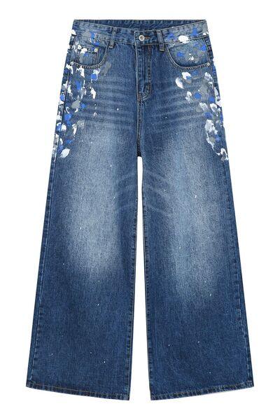 Watercolor Wide Leg Jeans with Pockets - Clothes For Her Online Store