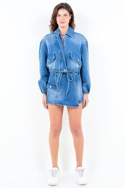 American Bazi Full Size Drop Shoulder Cropped Denim Jacket with Waist Strap Plus Size - Clothes For Her Online Store