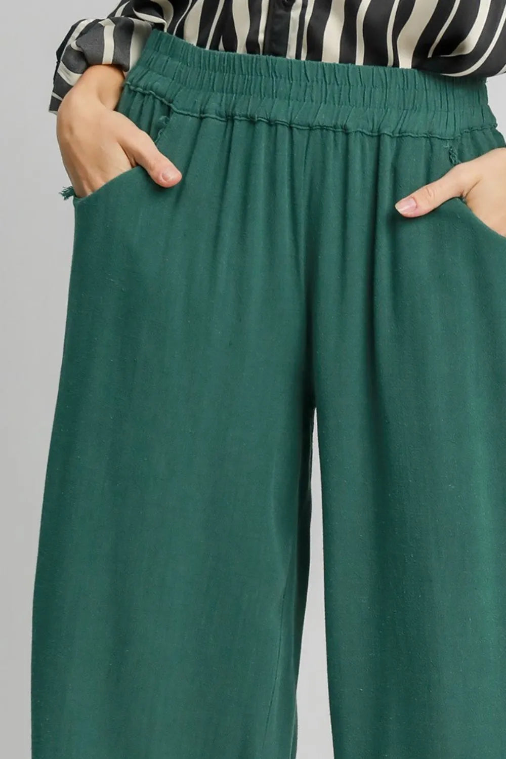 Umgee Full Size Linen Blend Elastic Waistband Wide Leg Pants Plus Size