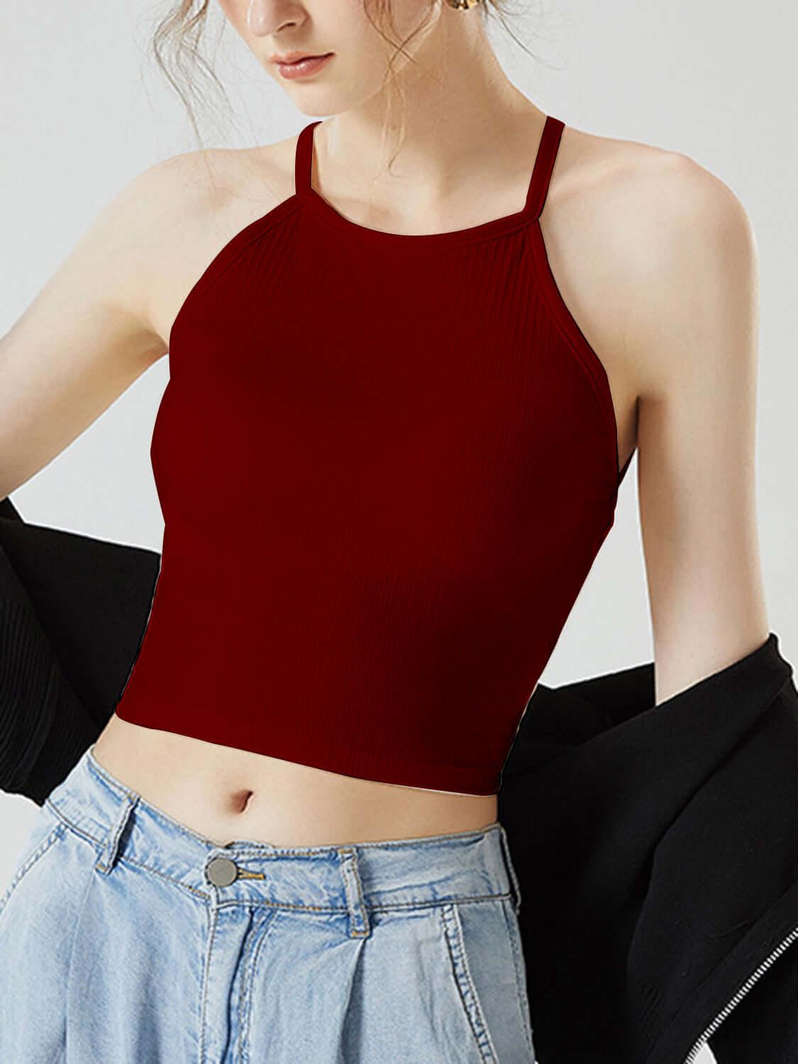 Grecian Neck Cropped Tank with Chest Pads - Clothes For Her Online Store