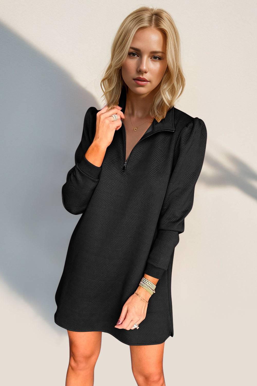 Double Take Textured Quarter Zip Long Sleeve Dress - Clothes For Her Online Store